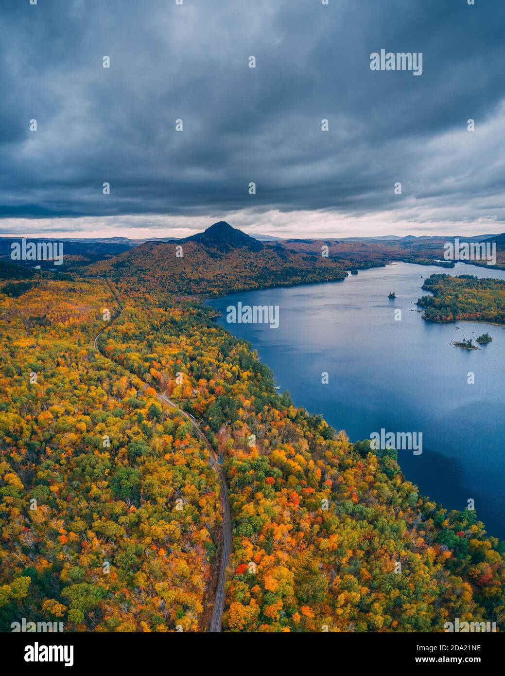 Onawa Lake and Borestone Mountain with autumn color in Onawa