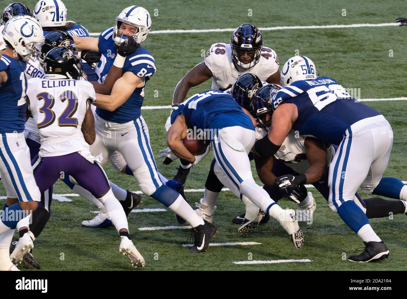 Indianapolis, Indiana, USA. 8th Nov, 2020. Indianapolis Colts running back Jordan Wilkins (20) carries the ball during the game between the Baltimore Ravens and the Indianapolis Colts at Lucas Oil Stadium, Indianapolis, Indiana. Credit: Scott Stuart/ZUMA Wire/Alamy Live News Stock Photo