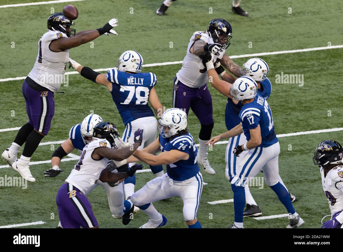 Indianapolis, Indiana, USA. 8th Nov, 2020. Indianapolis Colts quarterback Philip Rivers (17) passes from the pocket during the game between the Baltimore Ravens and the Indianapolis Colts at Lucas Oil Stadium, Indianapolis, Indiana. Credit: Scott Stuart/ZUMA Wire/Alamy Live News Stock Photo