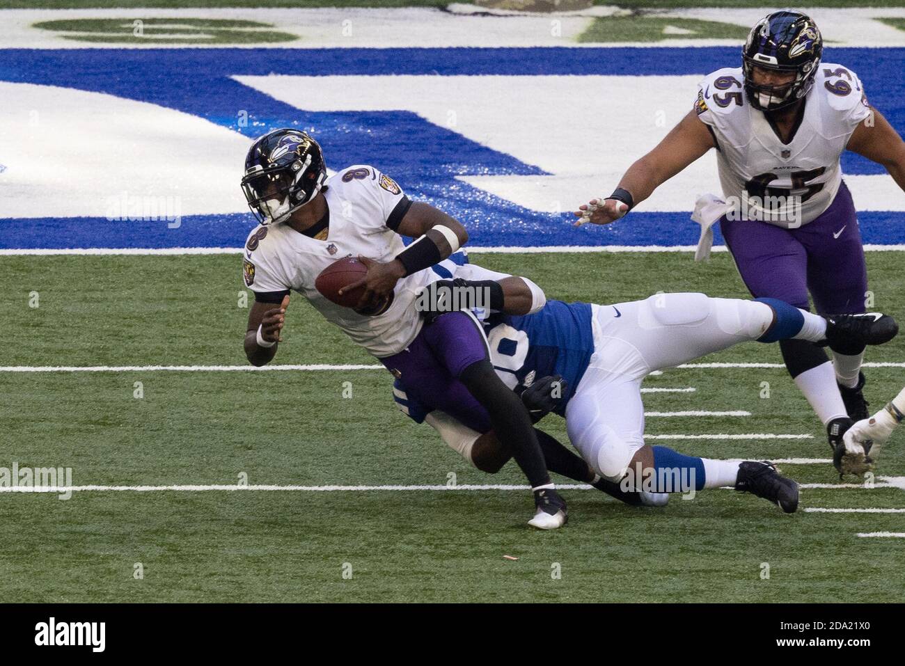 Indianapolis, Indiana, USA. 8th Nov, 2020. Baltimore Ravens quarterback Lamar Jackson (8) carries the ball during the game between the Baltimore Ravens and the Indianapolis Colts at Lucas Oil Stadium, Indianapolis, Indiana. Credit: Scott Stuart/ZUMA Wire/Alamy Live News Stock Photo