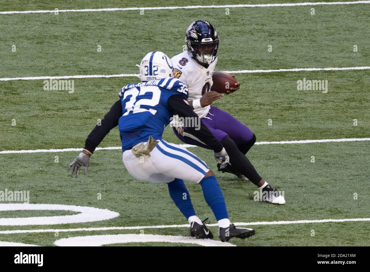 Indianapolis, Indiana, USA. 8th Nov, 2020. Baltimore Ravens quarterback Lamar Jackson (8) carries the ball during the game between the Baltimore Ravens and the Indianapolis Colts at Lucas Oil Stadium, Indianapolis, Indiana. Credit: Scott Stuart/ZUMA Wire/Alamy Live News Stock Photo