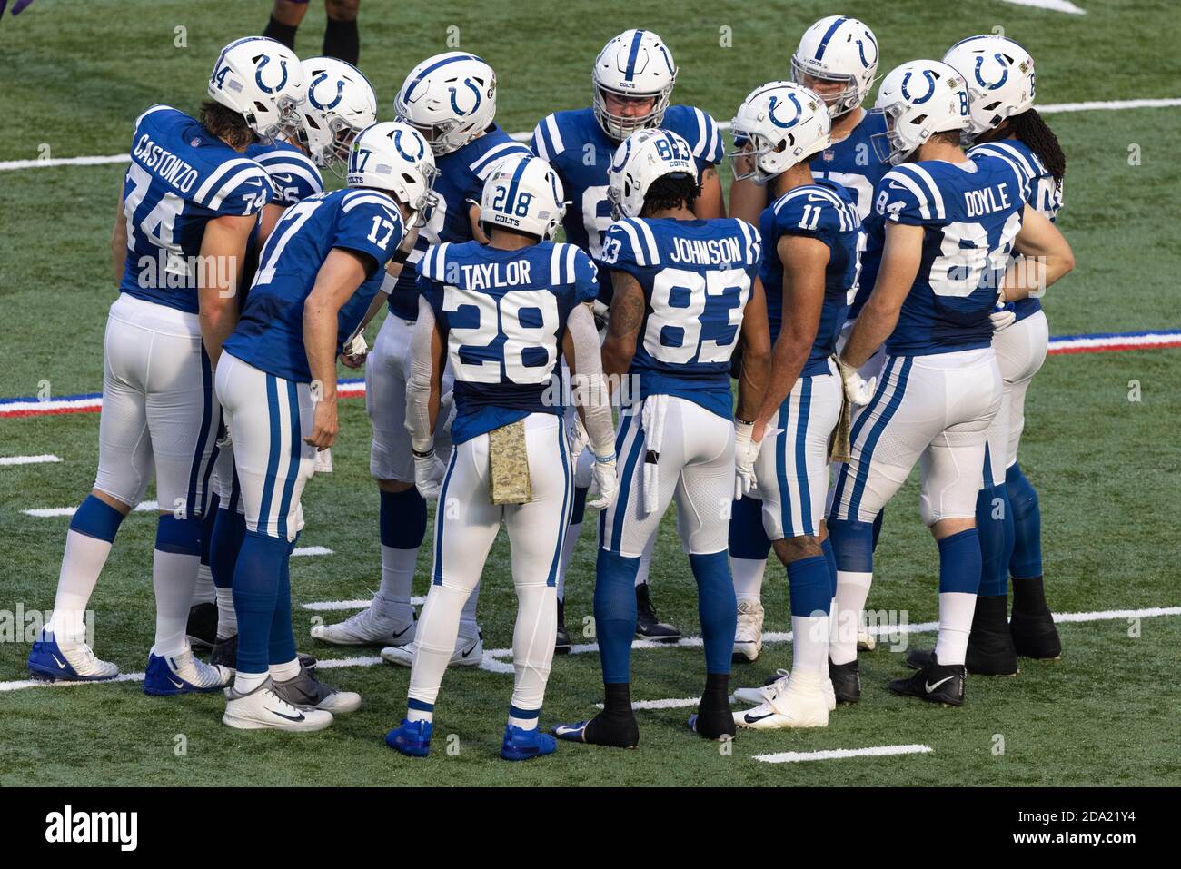 Indianapolis, Indiana, USA. 8th Nov, 2020. Indianapolis Colts offense huddles during the game between the Baltimore Ravens and the Indianapolis Colts at Lucas Oil Stadium, Indianapolis, Indiana. Credit: Scott Stuart/ZUMA Wire/Alamy Live News Stock Photo