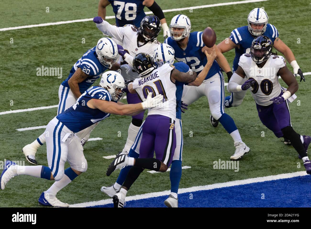 Indianapolis, Indiana, USA. 8th Nov, 2020. Indianapolis Colts quarterback Philip Rivers (17) is hit as he throws the ball during the game between the Baltimore Ravens and the Indianapolis Colts at Lucas Oil Stadium, Indianapolis, Indiana. Credit: Scott Stuart/ZUMA Wire/Alamy Live News Stock Photo