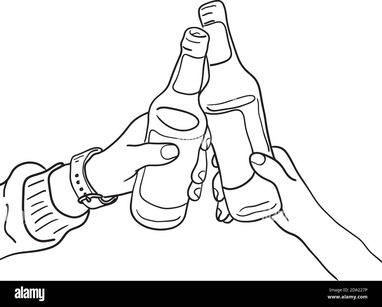 hand of two person toasting bottle of beer vector illustration sketch doodle hand drawn with black lines isolated on white background Stock Vector