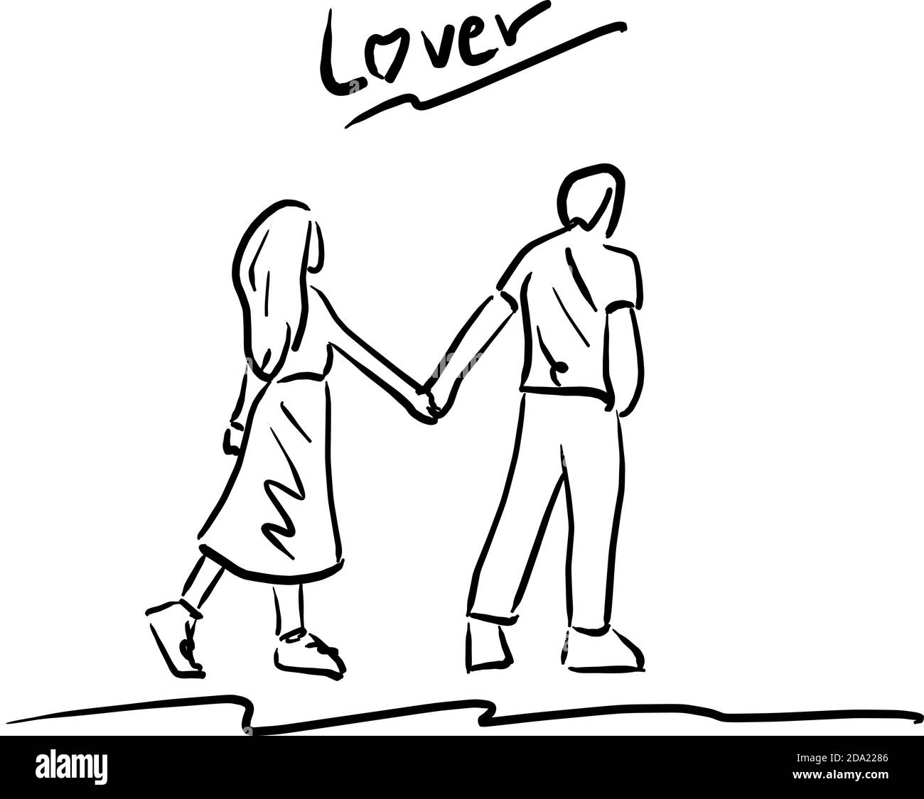 Young couple walk hugging each other. line drawing vector illustration. •  wall stickers adult, young, men at work | myloview.com
