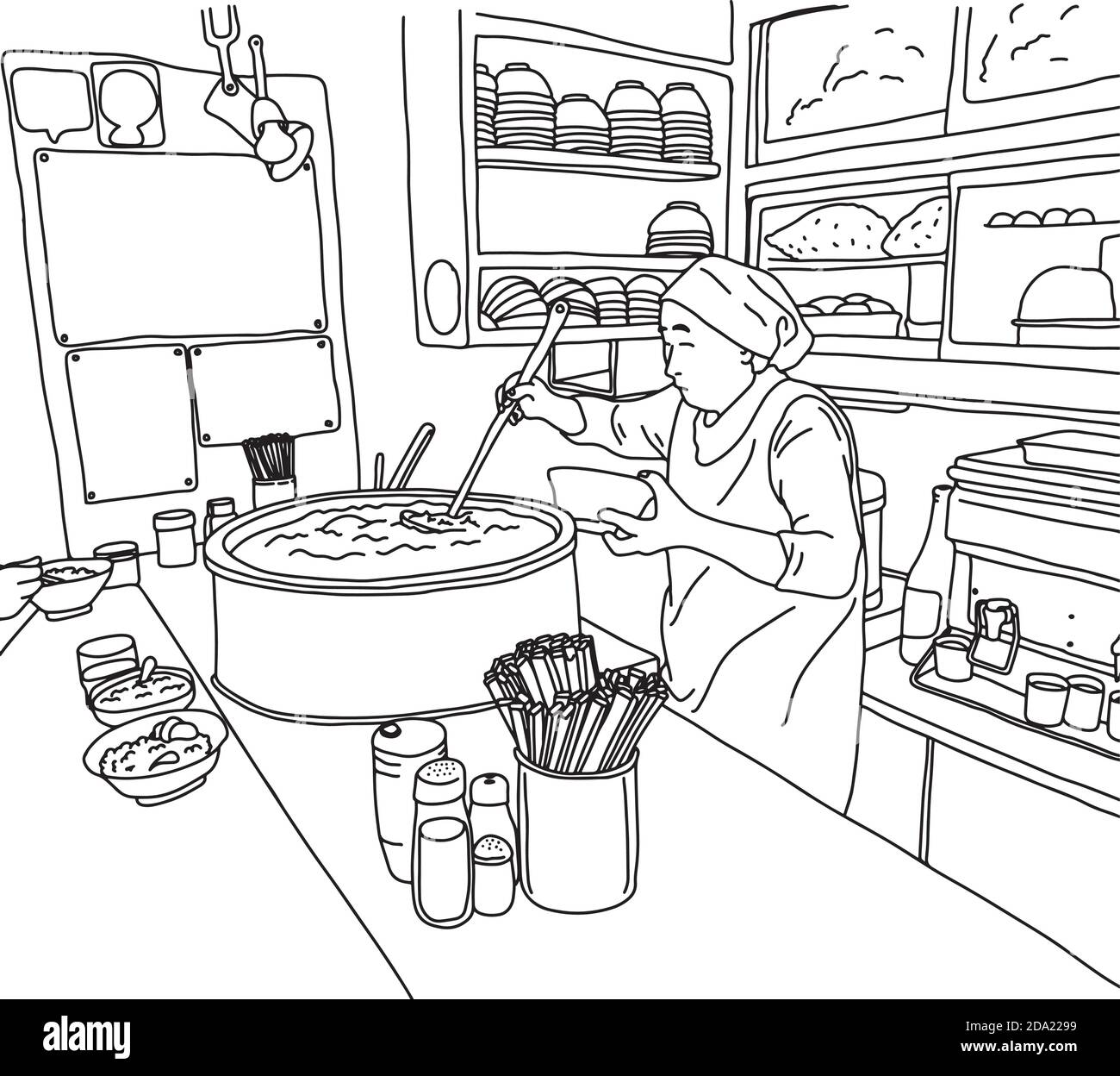 old female chef making ramen noodles in in Japanese restaurant vector illustration sketch doodle hand drawn with black lines isolated on white backgro Stock Vector