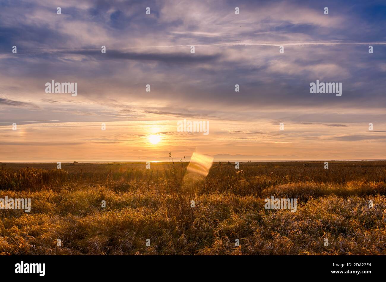 Stunning sunset landscape picture. Lens flare and sun rays create ...
