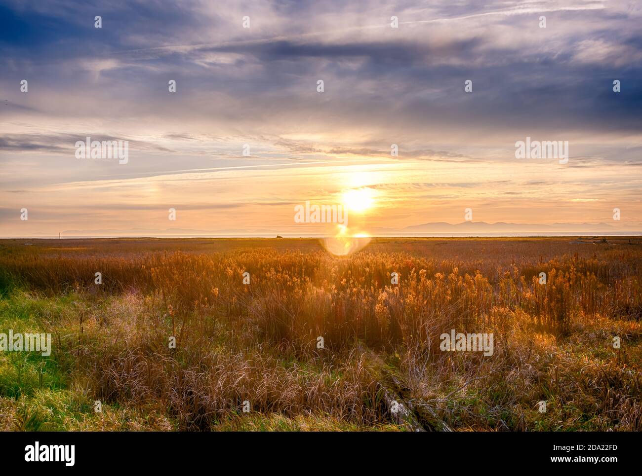 Stunning sunset landscape picture. Lens flare and sun rays create ...