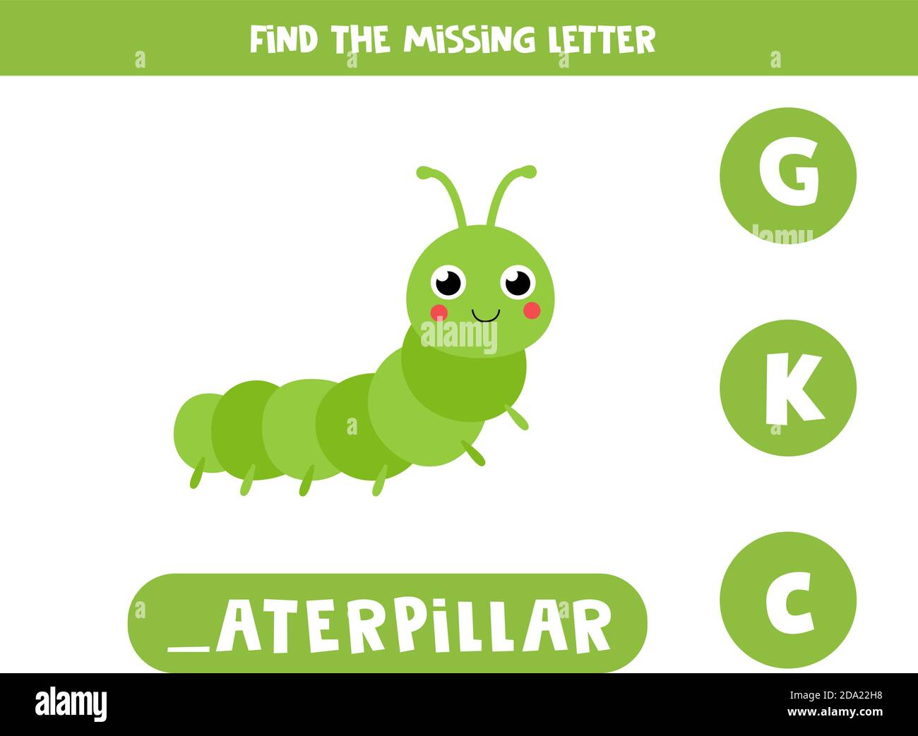 Find missing letter. Carton caterpillar illustration. Logical game. Stock Vector