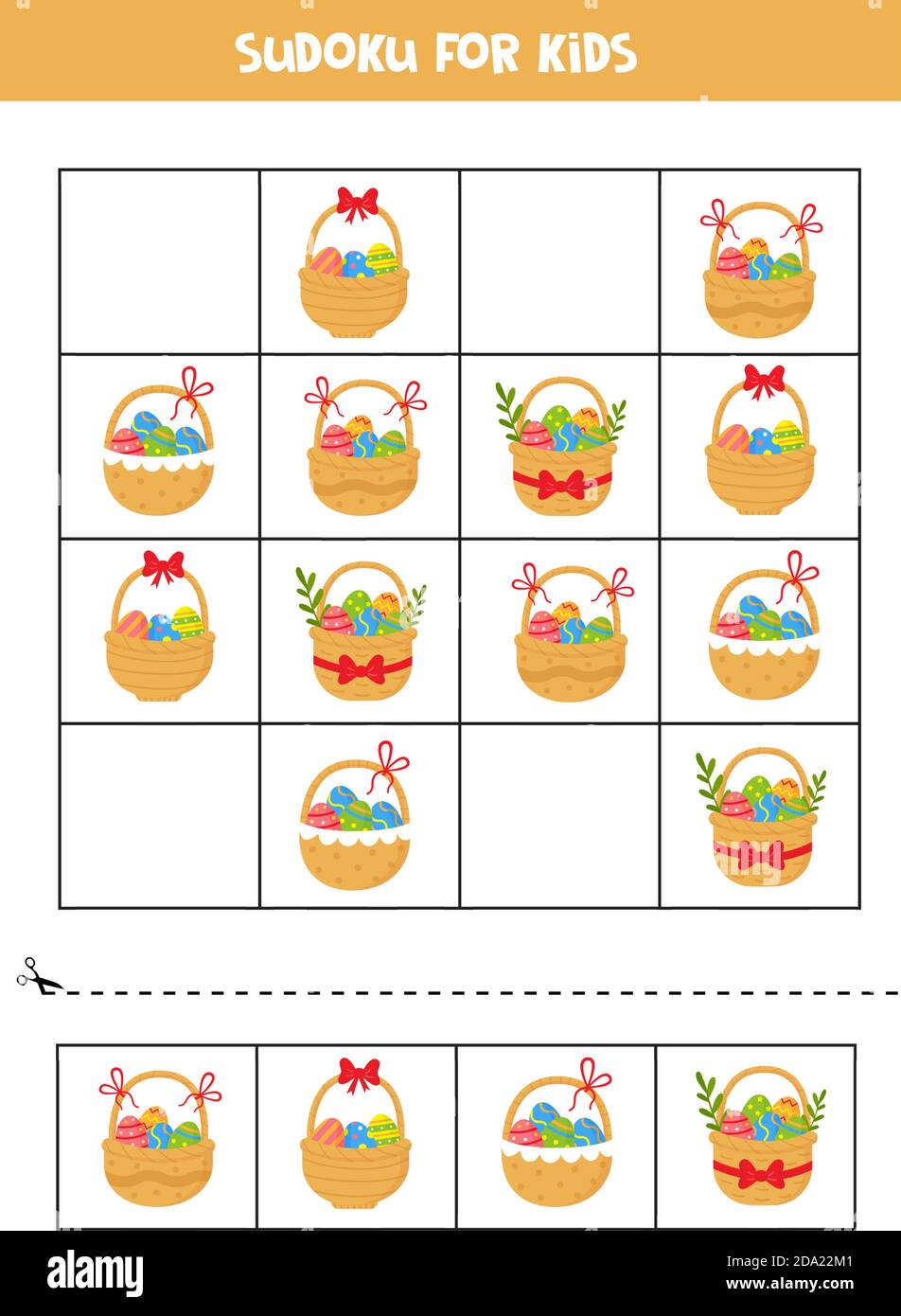 Sudoku game. Set of Easter baskets with eggs. Stock Vector