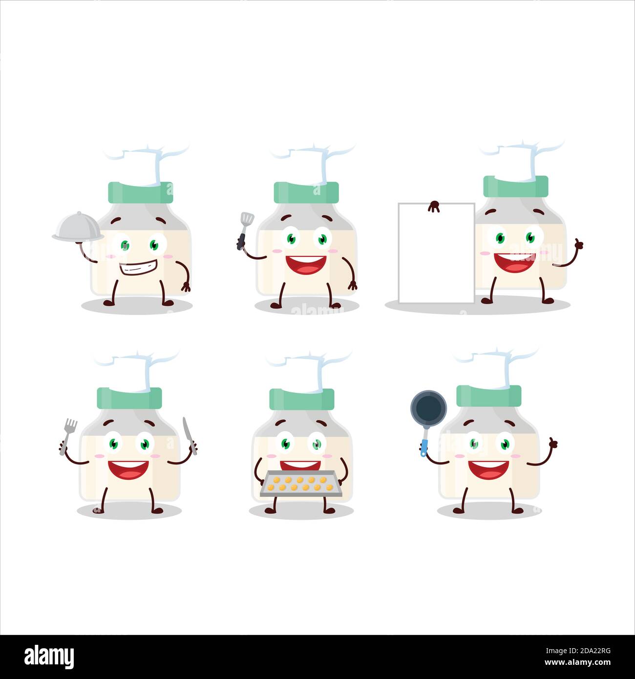 Cartoon character of baby pacifier with white milk with various chef ...