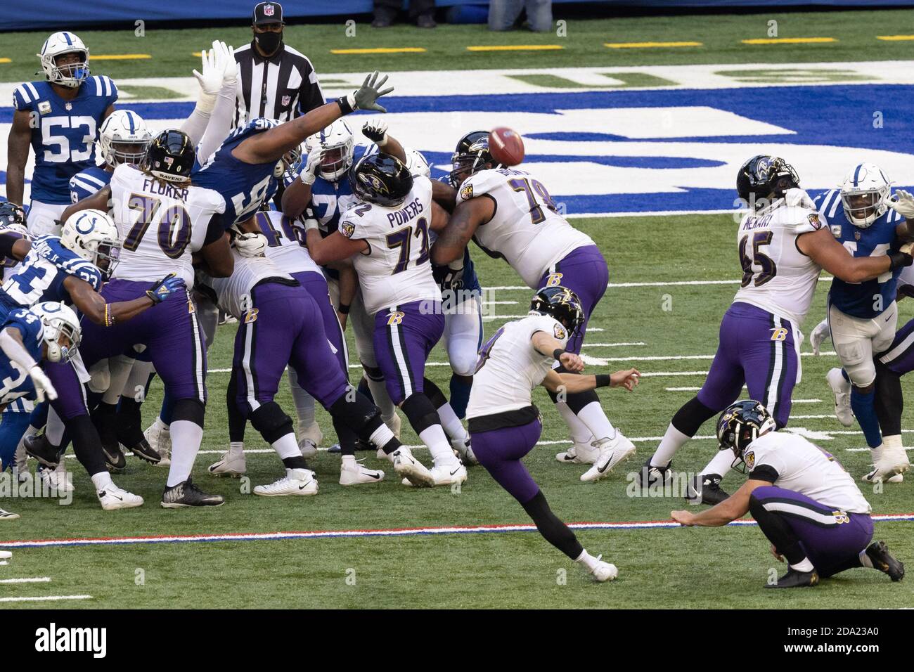 Indianapolis, Indiana, USA. 8th Nov, 2020. Baltimore Ravens kicker Justin Tucker (9) kicks an extra point during the game between the Baltimore Ravens and the Indianapolis Colts at Lucas Oil Stadium, Indianapolis, Indiana. Credit: Scott Stuart/ZUMA Wire/Alamy Live News Stock Photo