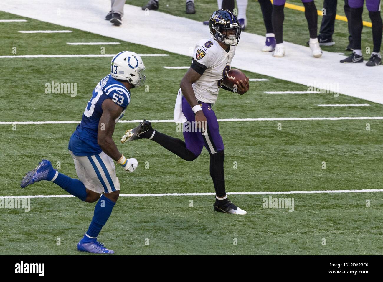 Indianapolis, Indiana, USA. 8th Nov, 2020. Indianapolis Colts punter Rigoberto Sanchez (8) carries the ball during the game between the Baltimore Ravens and the Indianapolis Colts at Lucas Oil Stadium, Indianapolis, Indiana. Credit: Scott Stuart/ZUMA Wire/Alamy Live News Stock Photo