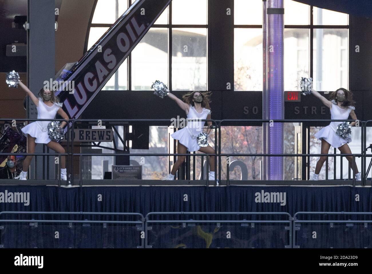 Indianapolis, Indiana, USA. 8th Nov, 2020. Indianapolis Colts cheerleaders cheer from the upper deck during the game between the Baltimore Ravens and the Indianapolis Colts at Lucas Oil Stadium, Indianapolis, Indiana. Credit: Scott Stuart/ZUMA Wire/Alamy Live News Stock Photo