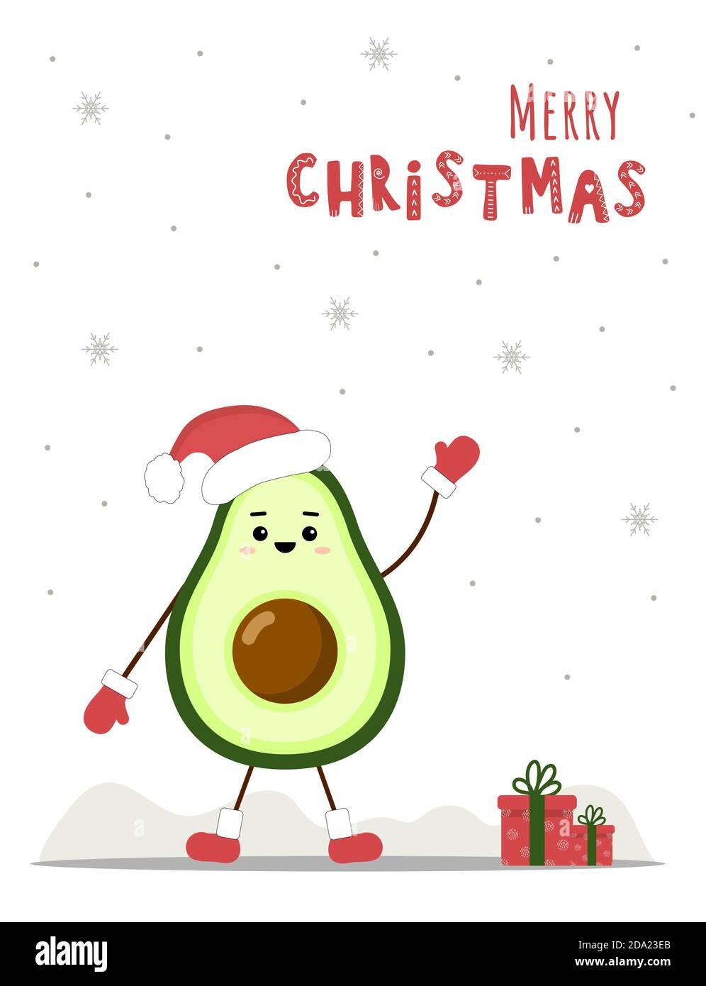 Cute christmas avocado in santa hat. New year postcard. Season