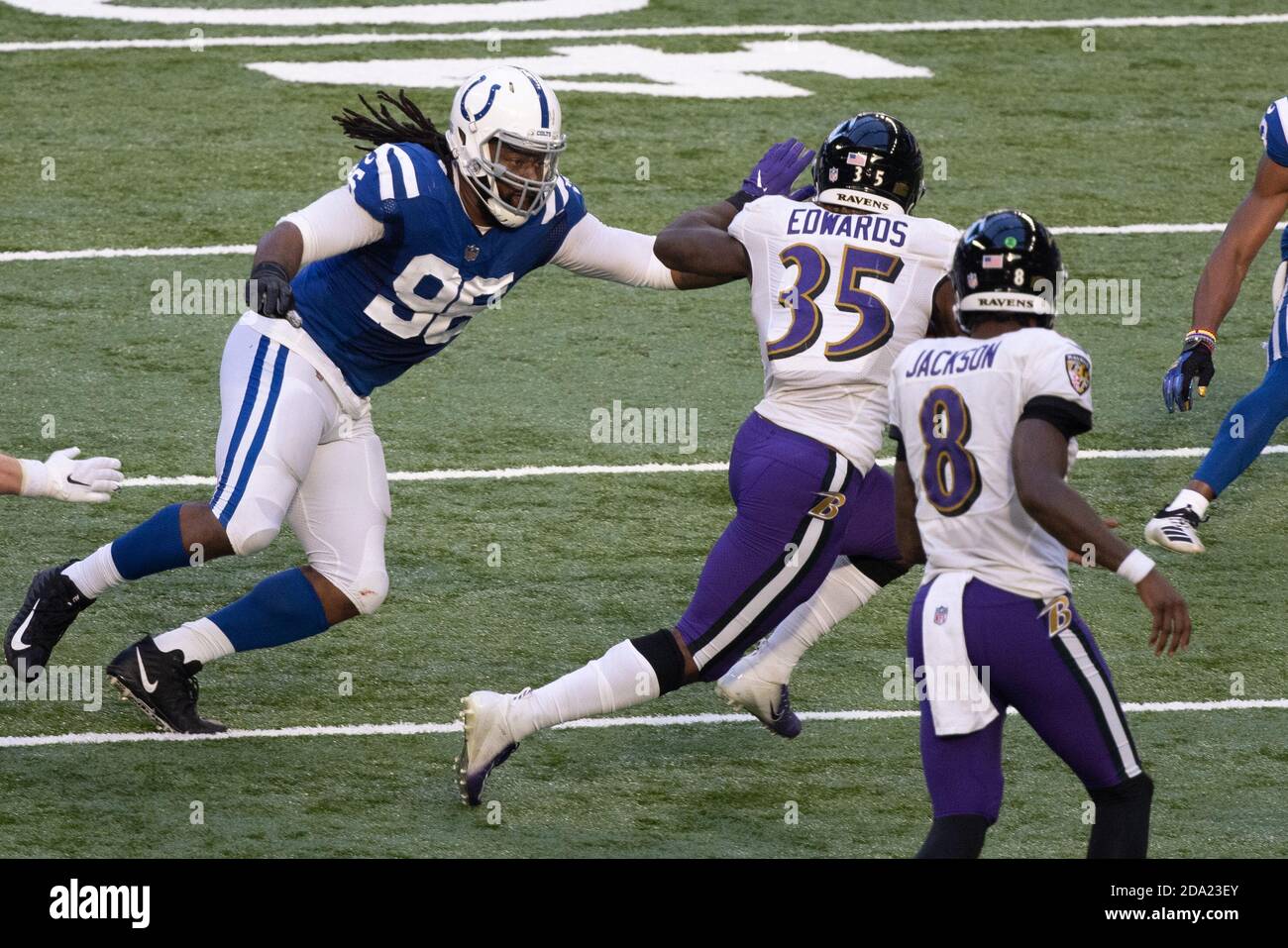 Indianapolis Colts defensive end Denico Autry (96) runs off of the line  during an NFL football game against the Cleveland Browns, Sunday, Oct. 11,  2020, in Cleveland. (AP Photo/Kirk Irwin Stock Photo - Alamy