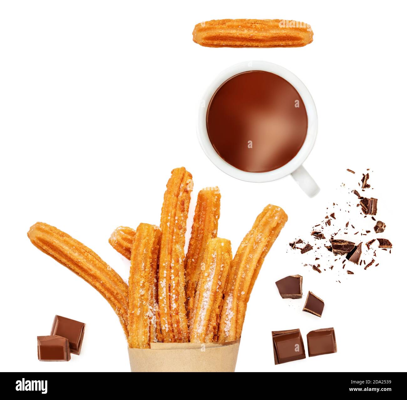 Churro. Fried Churros With Chocolate Isolated On A White Background, Top View. Flat Lay. Set Stock Photo - Alamy