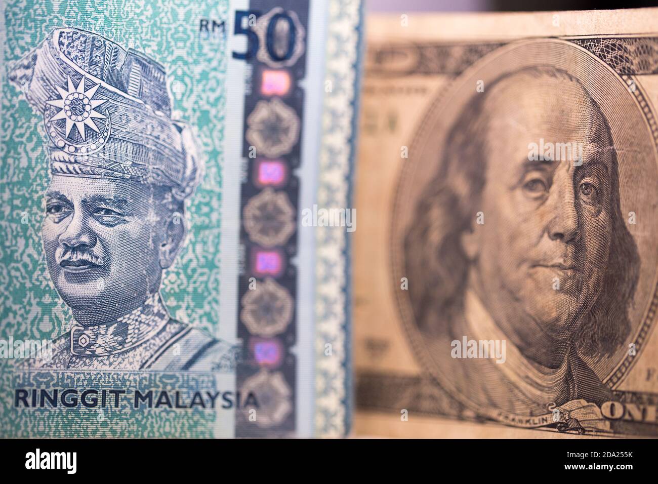 Ringgit Malaysia MYR RM Versus American Dollar USD Paper Notes 