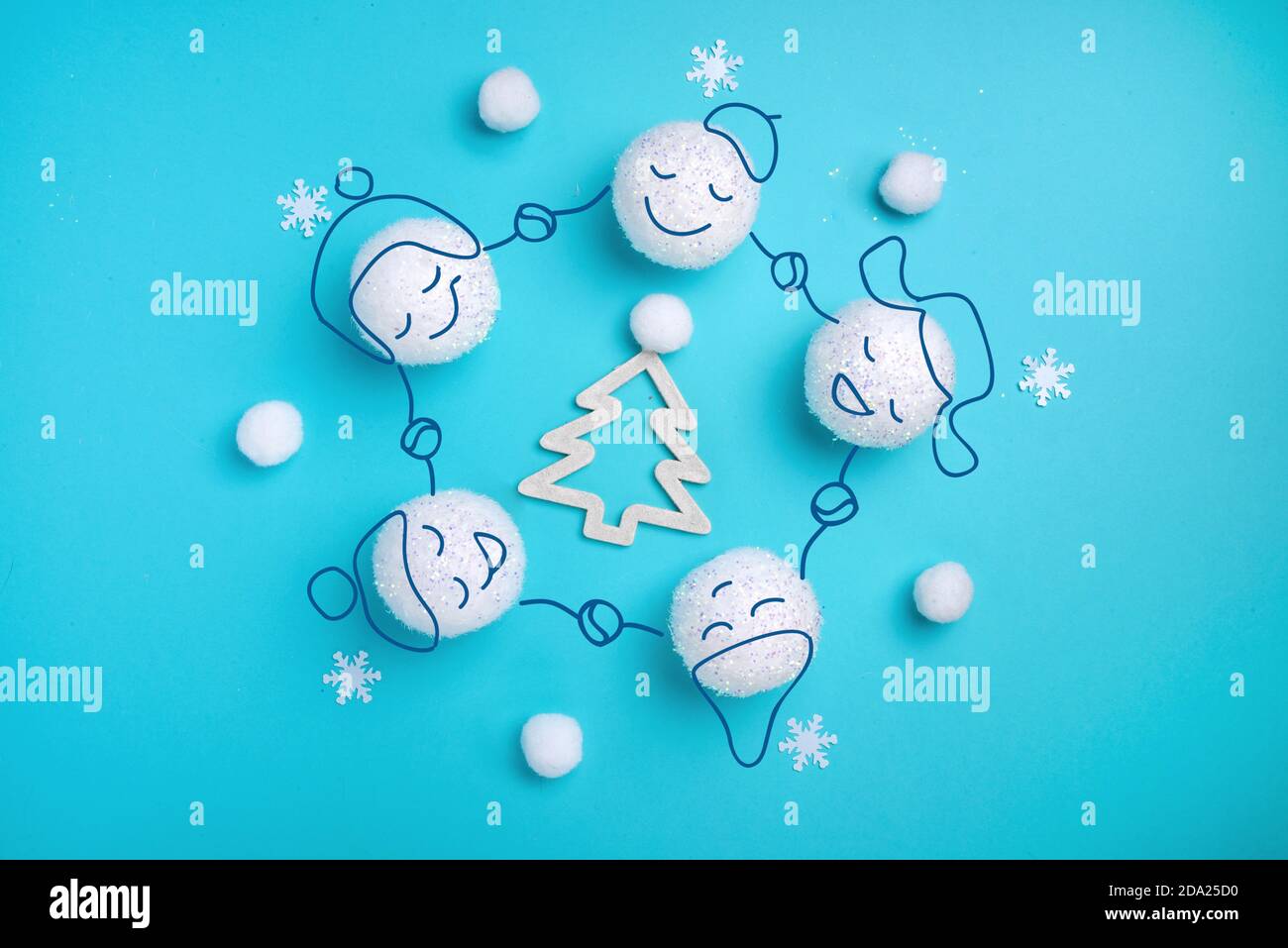 Christmas composition, fir tree in a circle of white balls, round dance concept Stock Photo