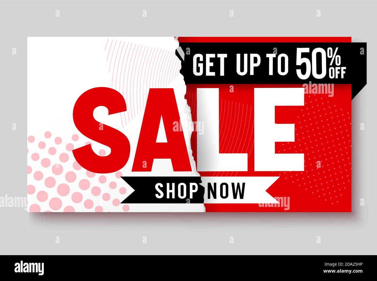 Sale vector banner design. Sale get up to 50% off text in white and red background for shopping discount promotion ad. Vector illustration. Stock Vector