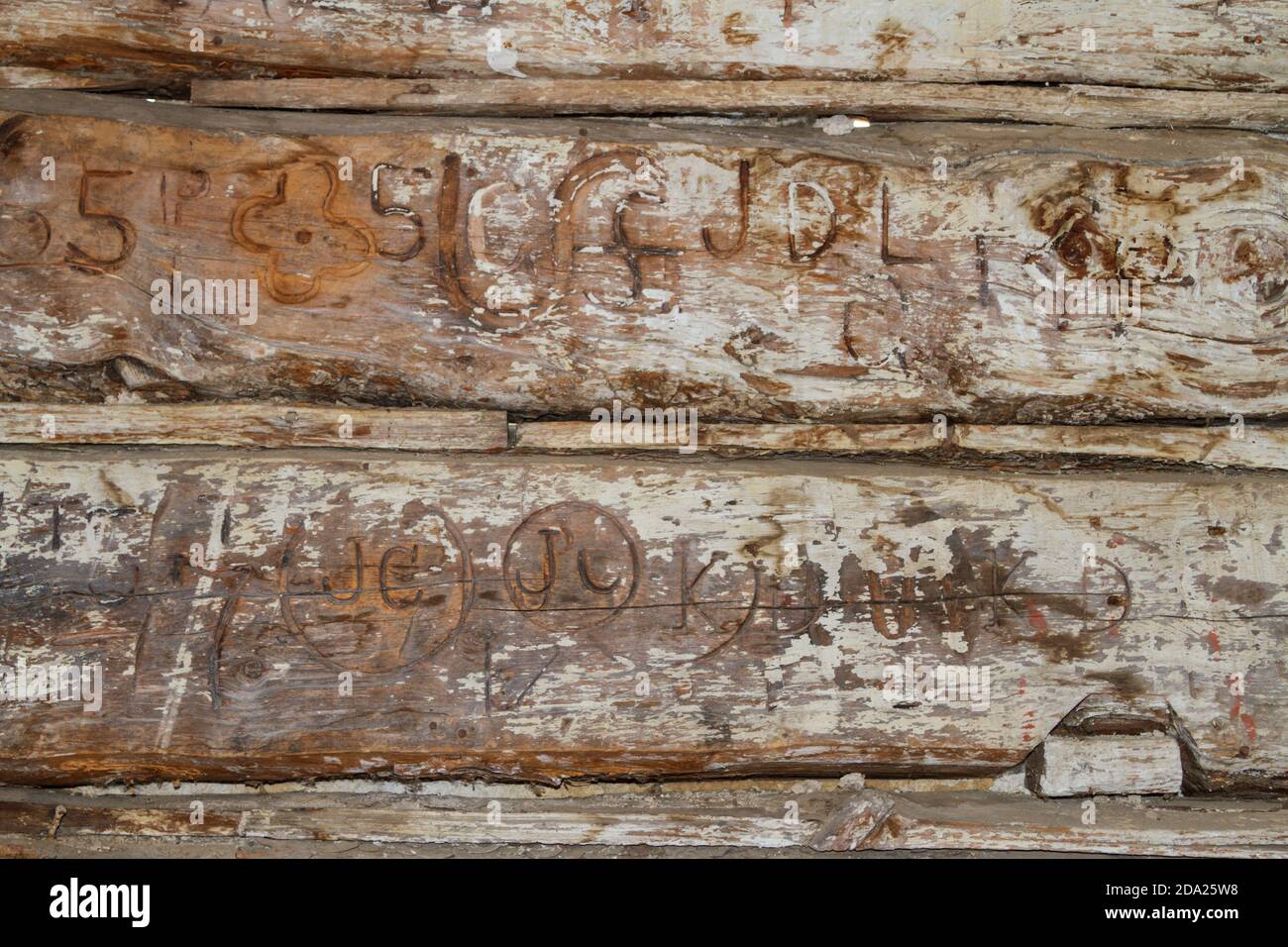 Interior wall of the Gibson House, Bannack State Park, showing the house was once used as a blacksmith shop. Stock Photo