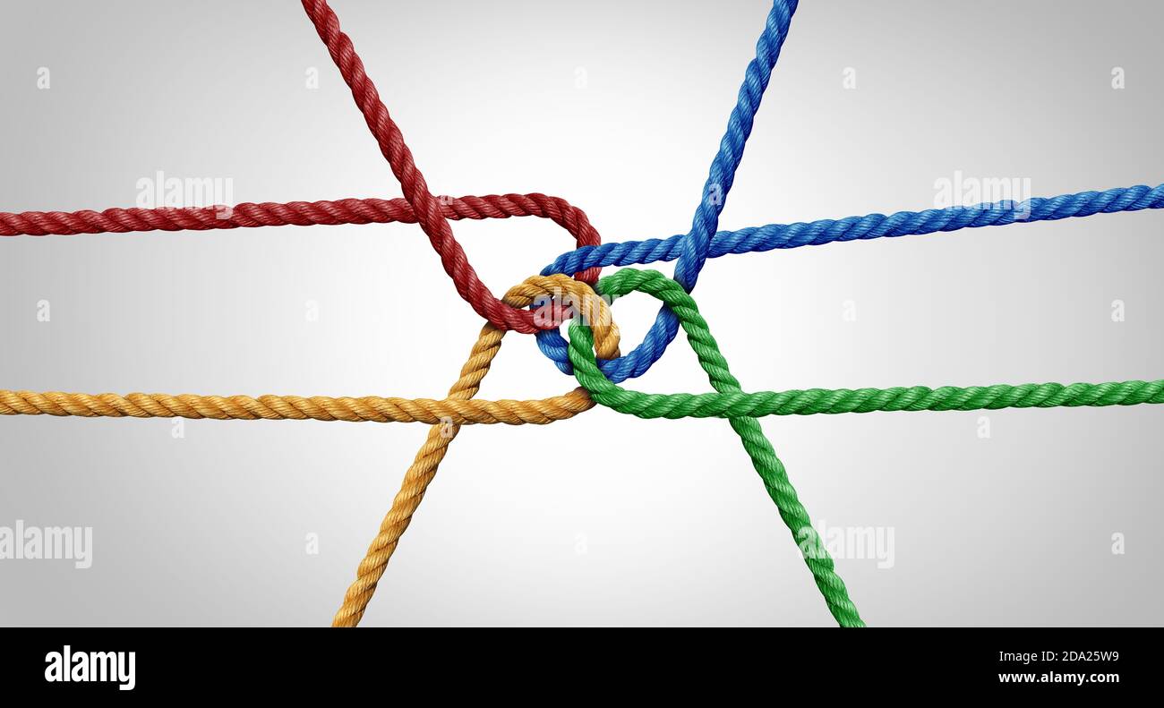 Connected team concept and unity or teamwork idea as a business metaphor for joining a partnership as diverse ropes tied together as a corporate. Stock Photo