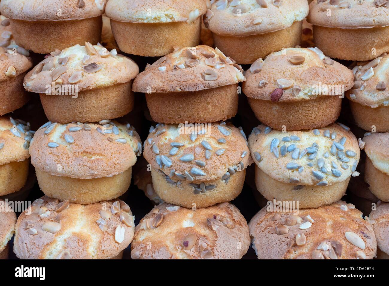 Chinese cakes heap in a street market in chengdu, Sichuan province, China Stock Photo