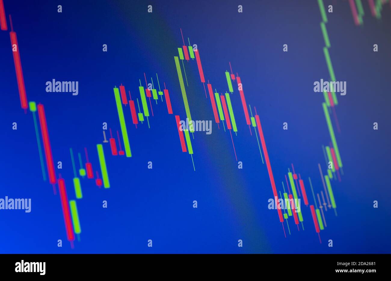 Tilted Red and Green Stock Chart or Forex Chart on Blue Background ...