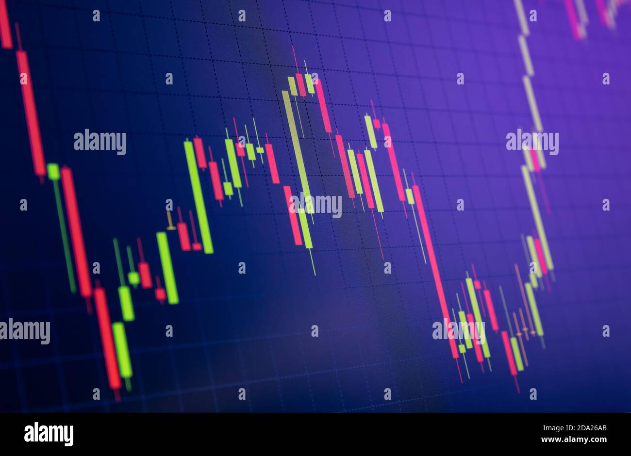 Tilted Red and Green Stock Chart or Forex Chart and Table Line on Black Background in Purple Tone Stock Photo