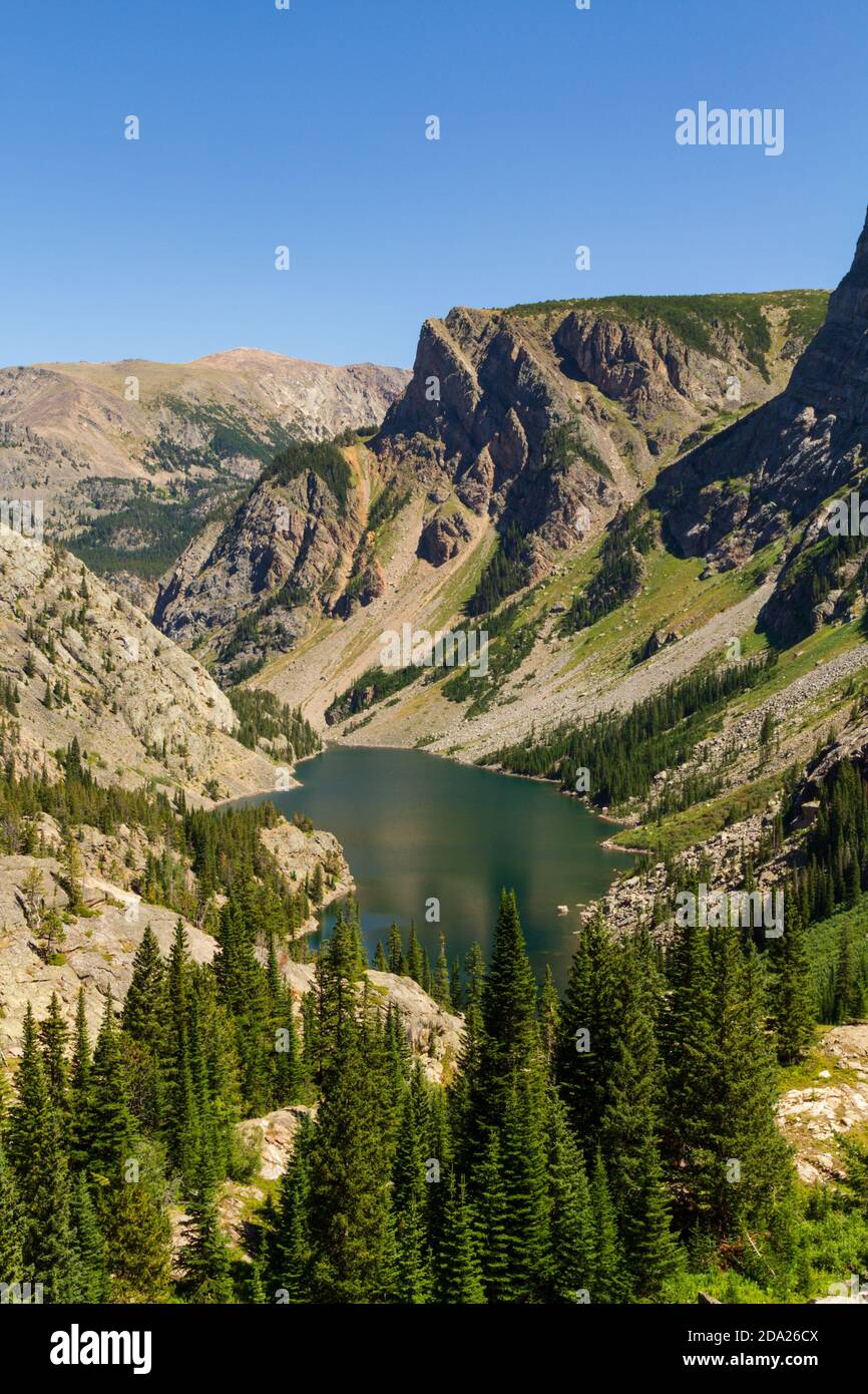 Lake at Falls along the Beaten Path in the famed East Rosebud Drainage, Beartooth Mountains, Montana, USA. Stock Photo