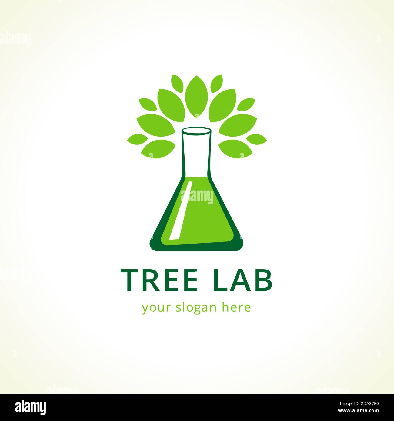 Natural lab logo. Green leaves, tree in a shape of testing flask. Tests, cosmetics, chemist's sign. Scientific environmental researches. Healthy life Stock Vector