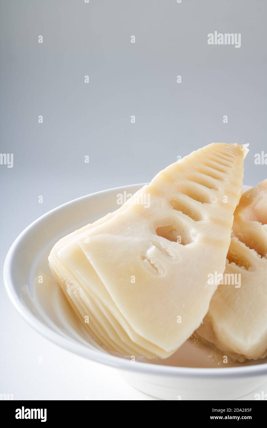 Closeup of a cross section of a sour bamboo shoot, a specialty of