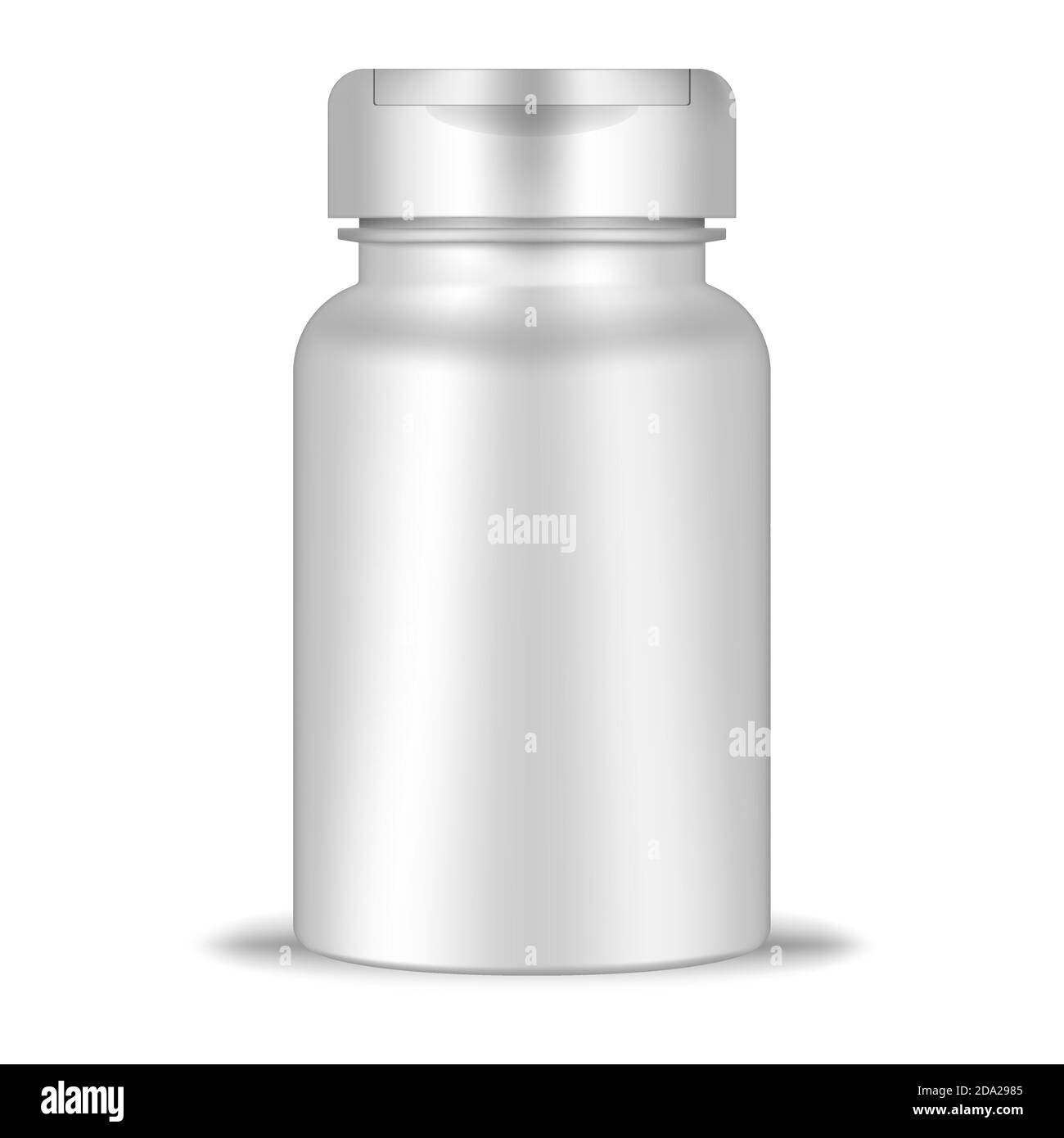 Round container with flip top cap, realistic mockup. White blank plastic bottle, vector template. Medical pill, dietary supplement, vitamin package Stock Vector