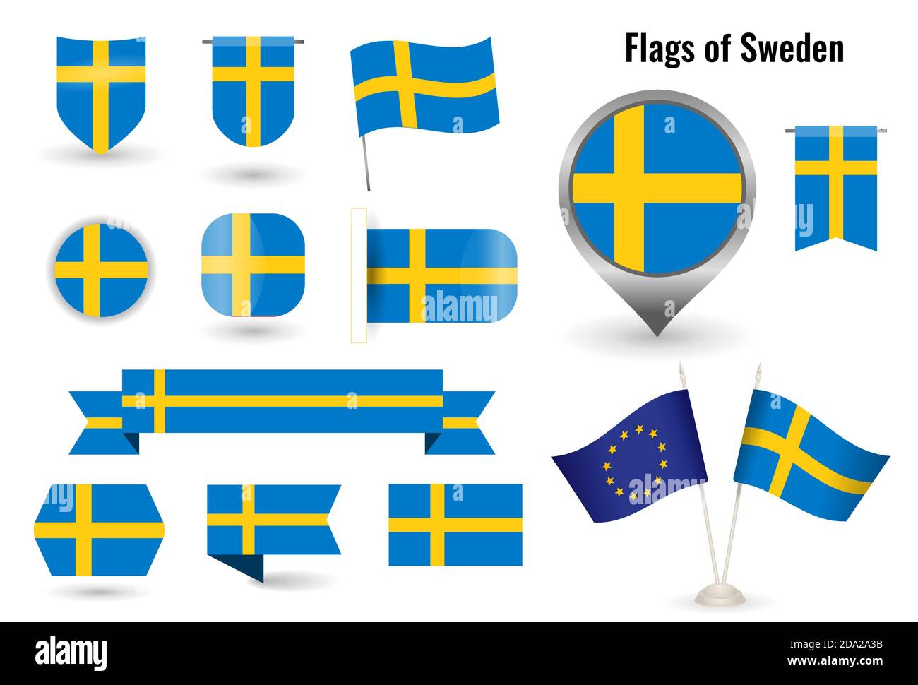 The Flag of Sweden. Big set of icons and symbols. Square and round Swedish flag. Collection of different flags of horizontal and vertical. Stock Vector