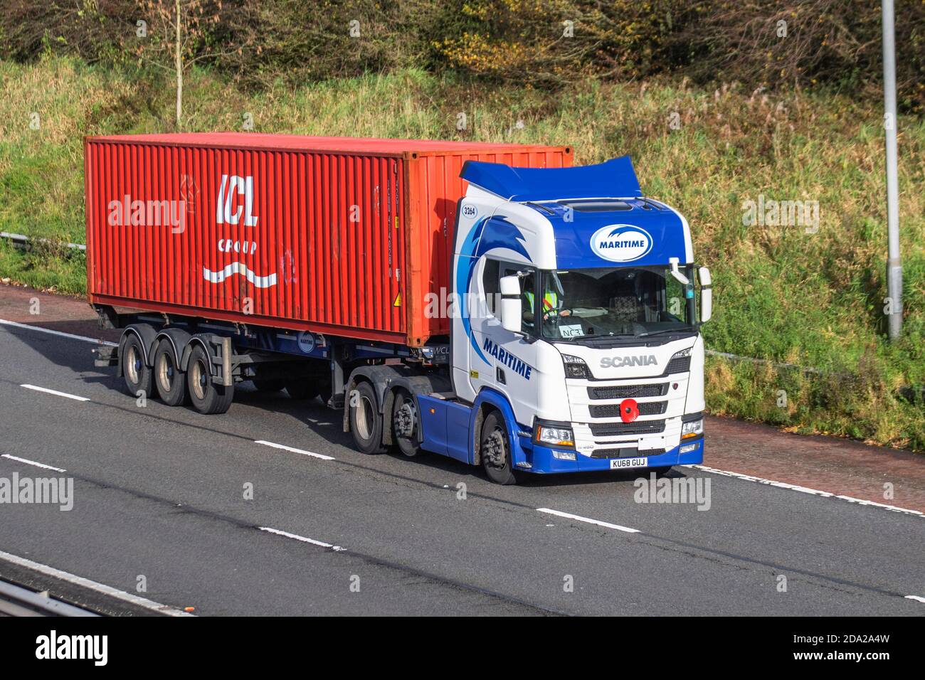 APL Maritime Haulage delivery trucks, lorry, transportation, truck, cargo carrier, Scania vehicle, European commercial transport, industry, M61 at Manchester, UK Stock Photo