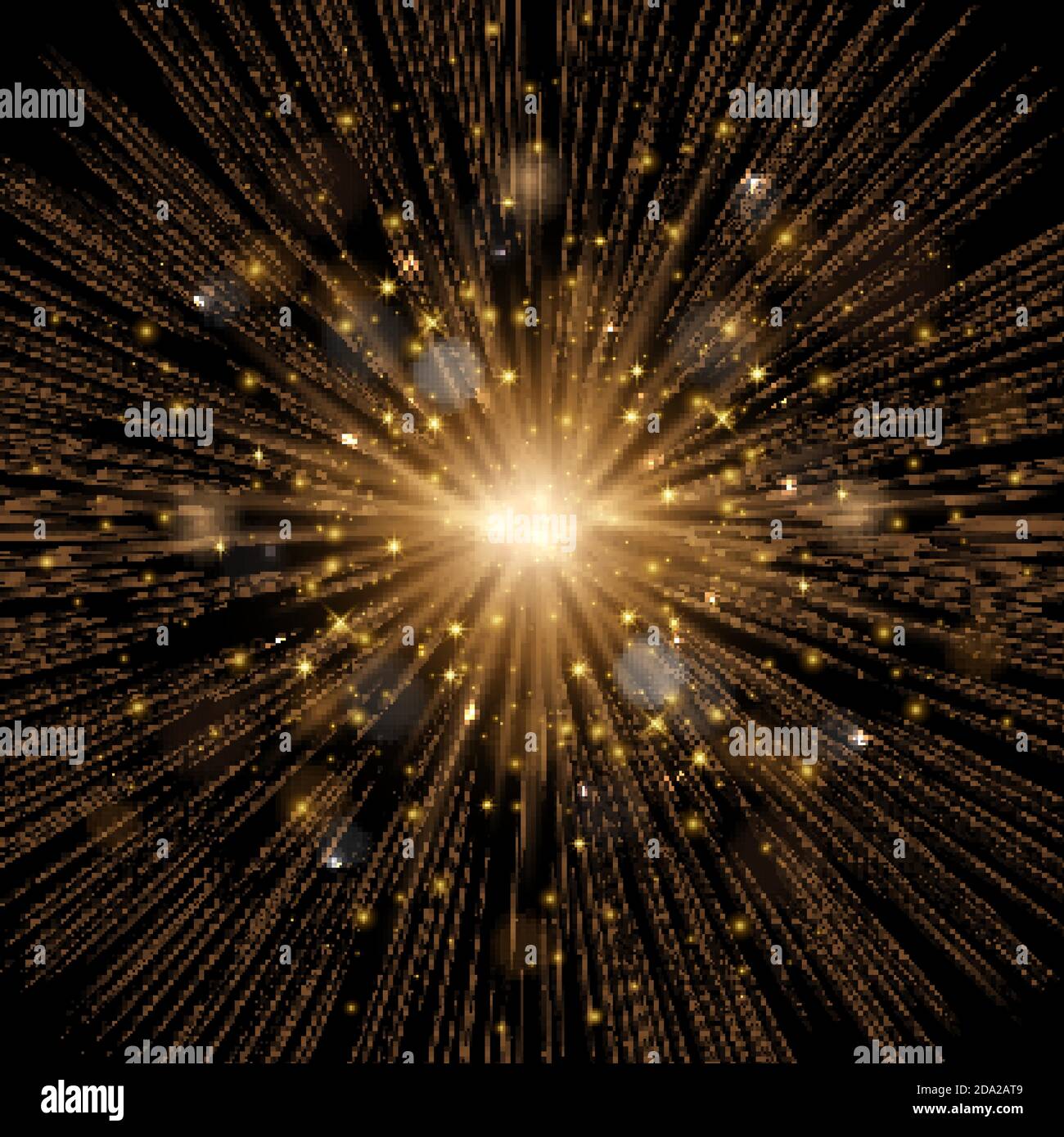 Realistic vector sparkling magic lights glowing shining on black background. Starburst with sparkles. Sun, burst, star force explosion. Bright Stock Vector