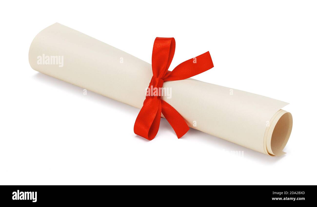 Diploma, scroll of paper with red bow isolated on white background. Stock Photo