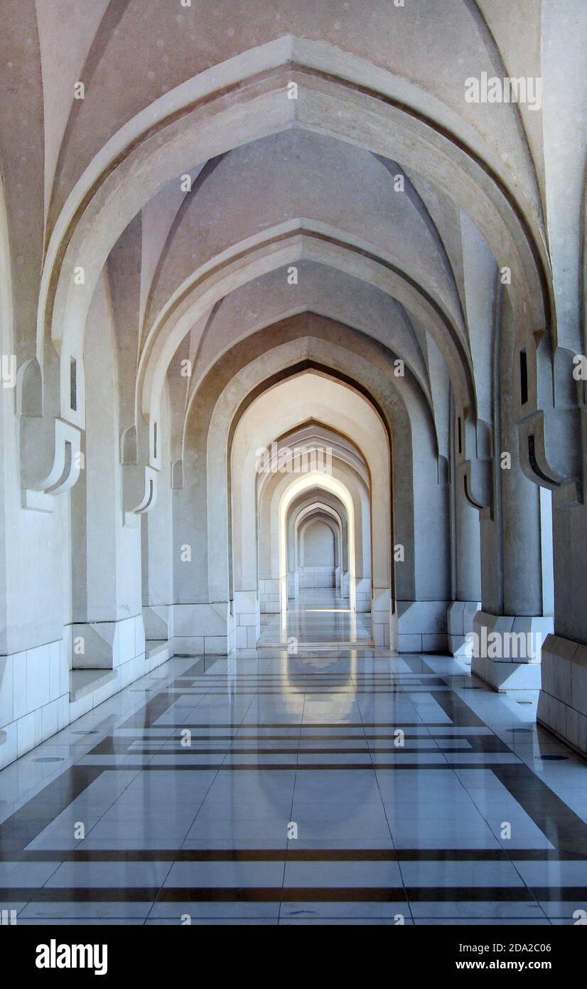 Beautiful corridors leading to the Al Alam palace in old Muscat, Oman. Stock Photo