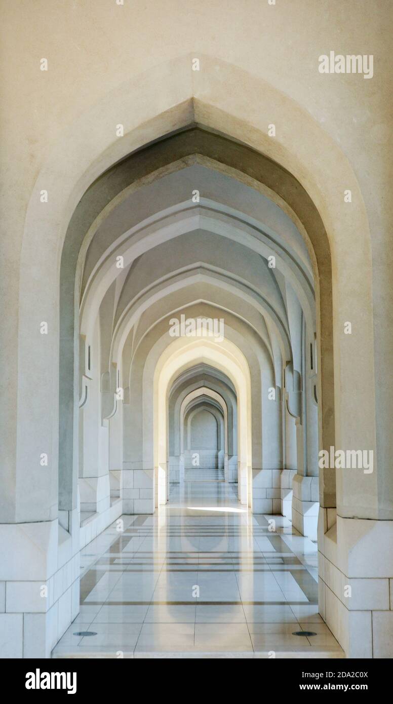 Beautiful corridors leading to the Al Alam palace in old Muscat, Oman. Stock Photo