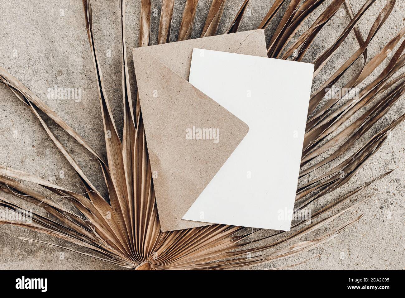 Tropical stationery still life. Closeup of blank card mock-up and craft envelope. Dry palm leaf on grunge beige concrete background. Summer vacation Stock Photo