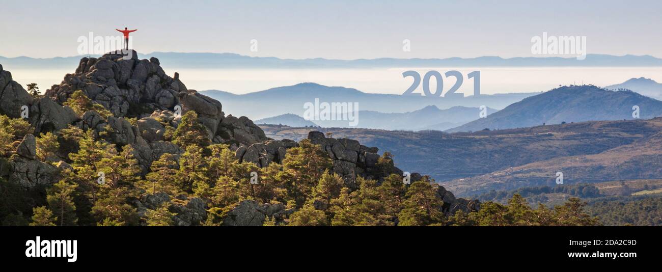 New year start 2021, Happy new year. Climb a mountain, climb with hope. Stock Photo