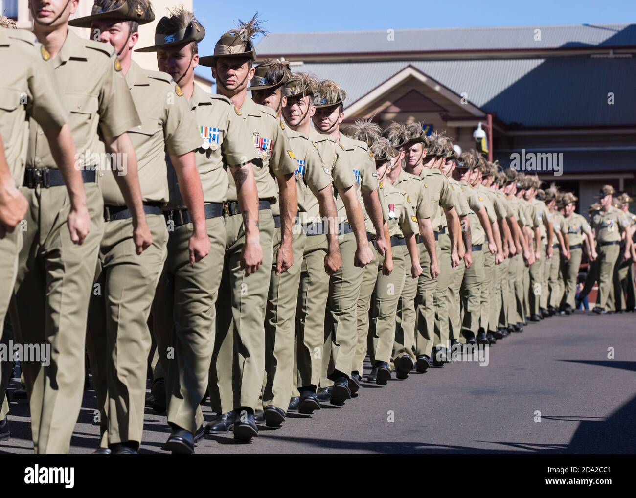 Charters Towers, Australia April 25, 2015: Anzac Day Parade with soldiers marching down main street of town Stock Photo