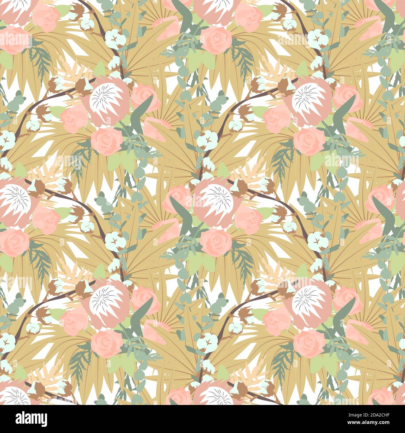 Floral boho seamless pattern with tropical flowers and leaves. Stock Vector