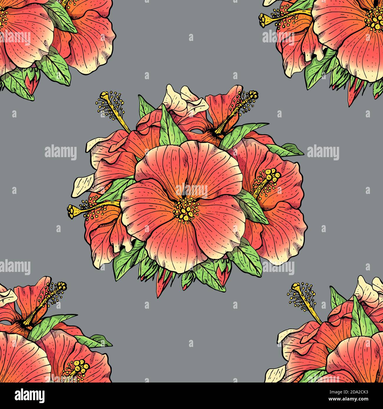 Colorful floral seamless pattern with hand drawn pink hibiscus flowers ...
