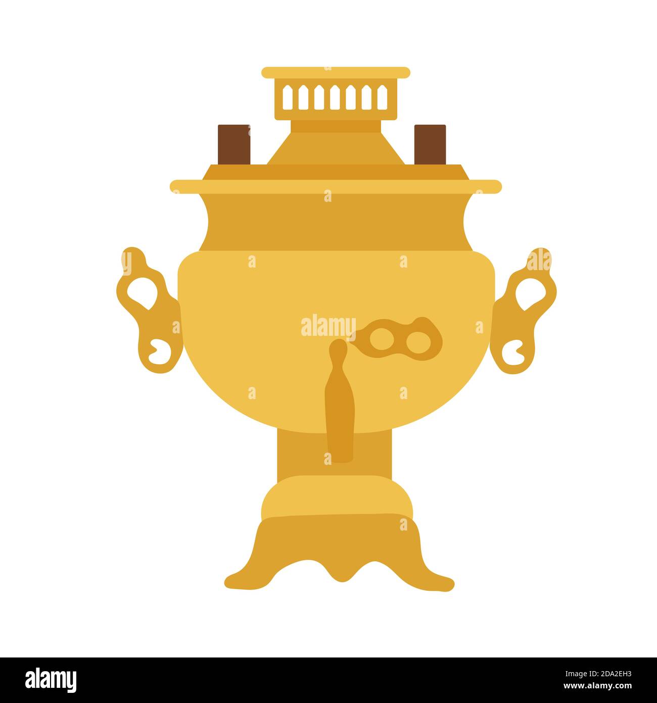 Flat style samovar, symbol of Russia. yellow Landmark icon for travelers. Vector illustration isolated on white background. Stock Vector