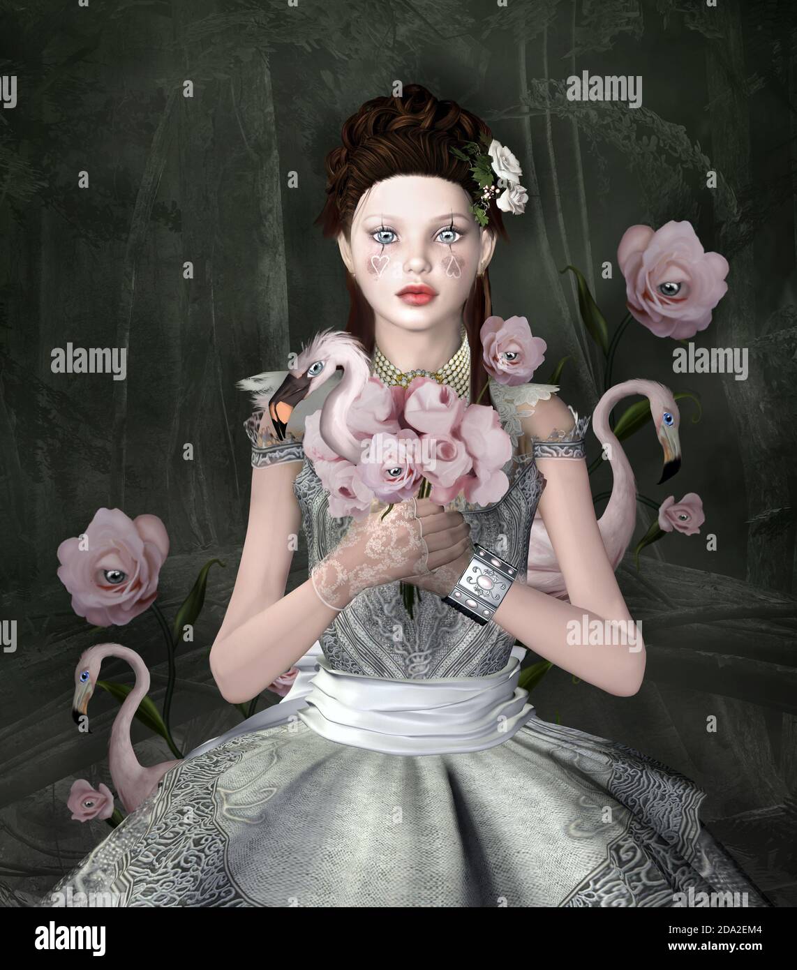 Young girl with surreal gothic bouquet on a black forest background Stock Photo