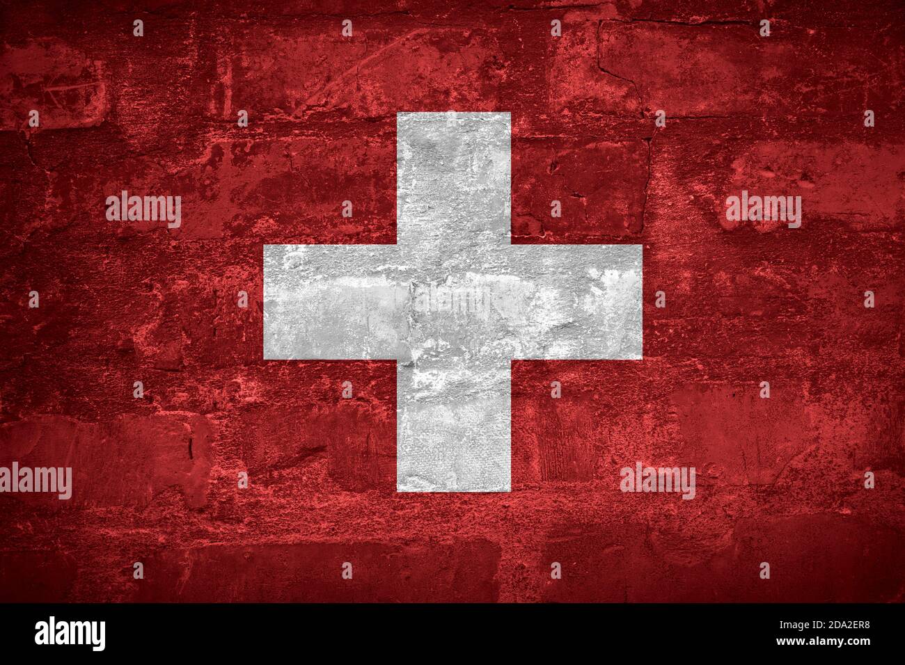 Flag of Switzerland or Swiss banner on wall background Stock Photo