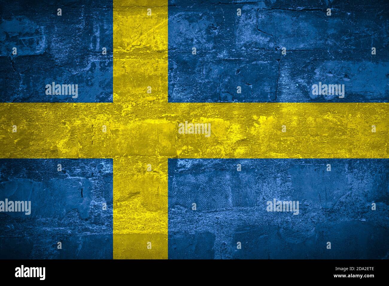 Flag of Sweden or Swedish banner on wall background Stock Photo