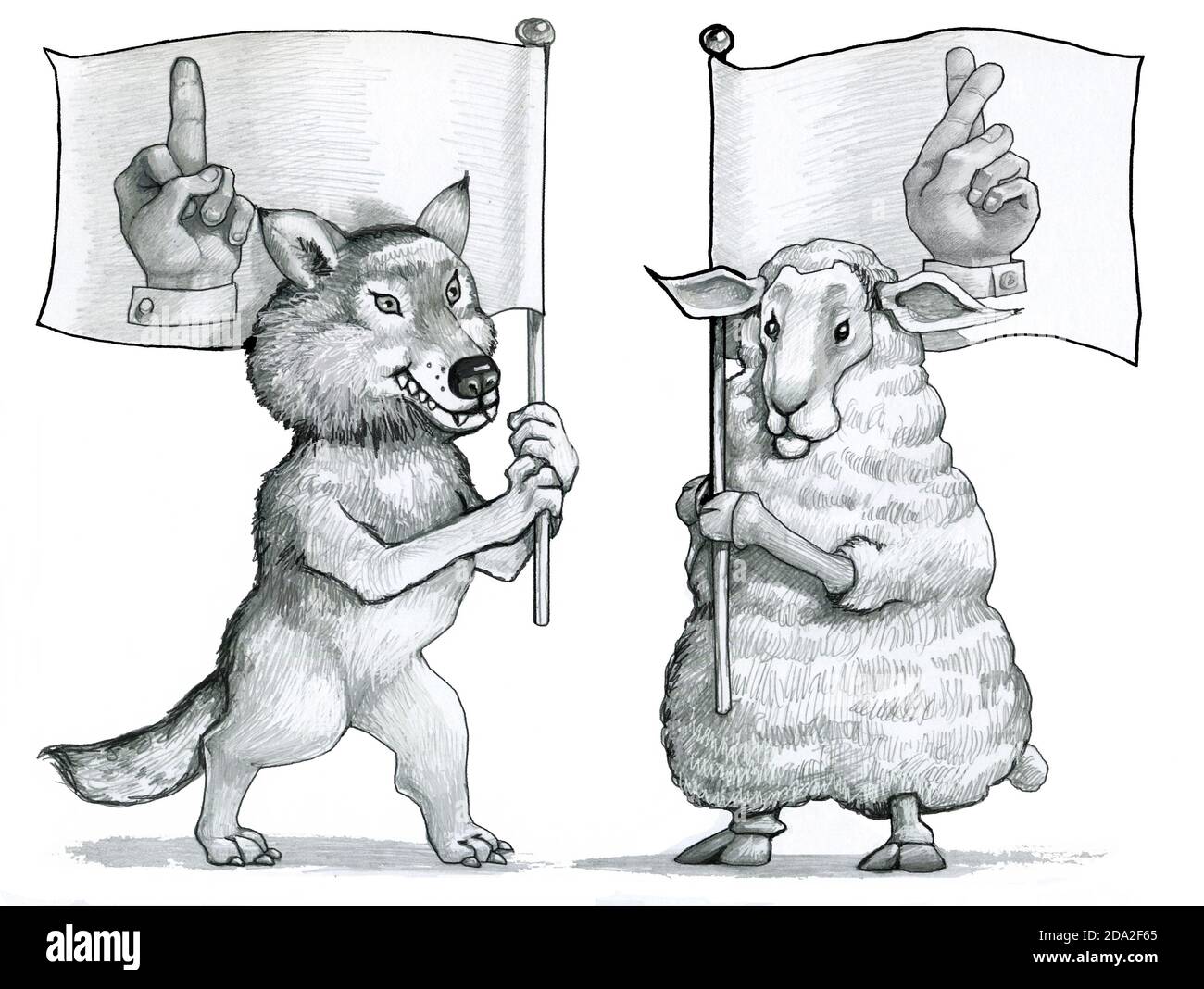 wolf has a flag with a hand drawn with middle raised symbol of arrogance the ship has a flag with superstitiuly crossed fingers symbol of meekness Stock Photo