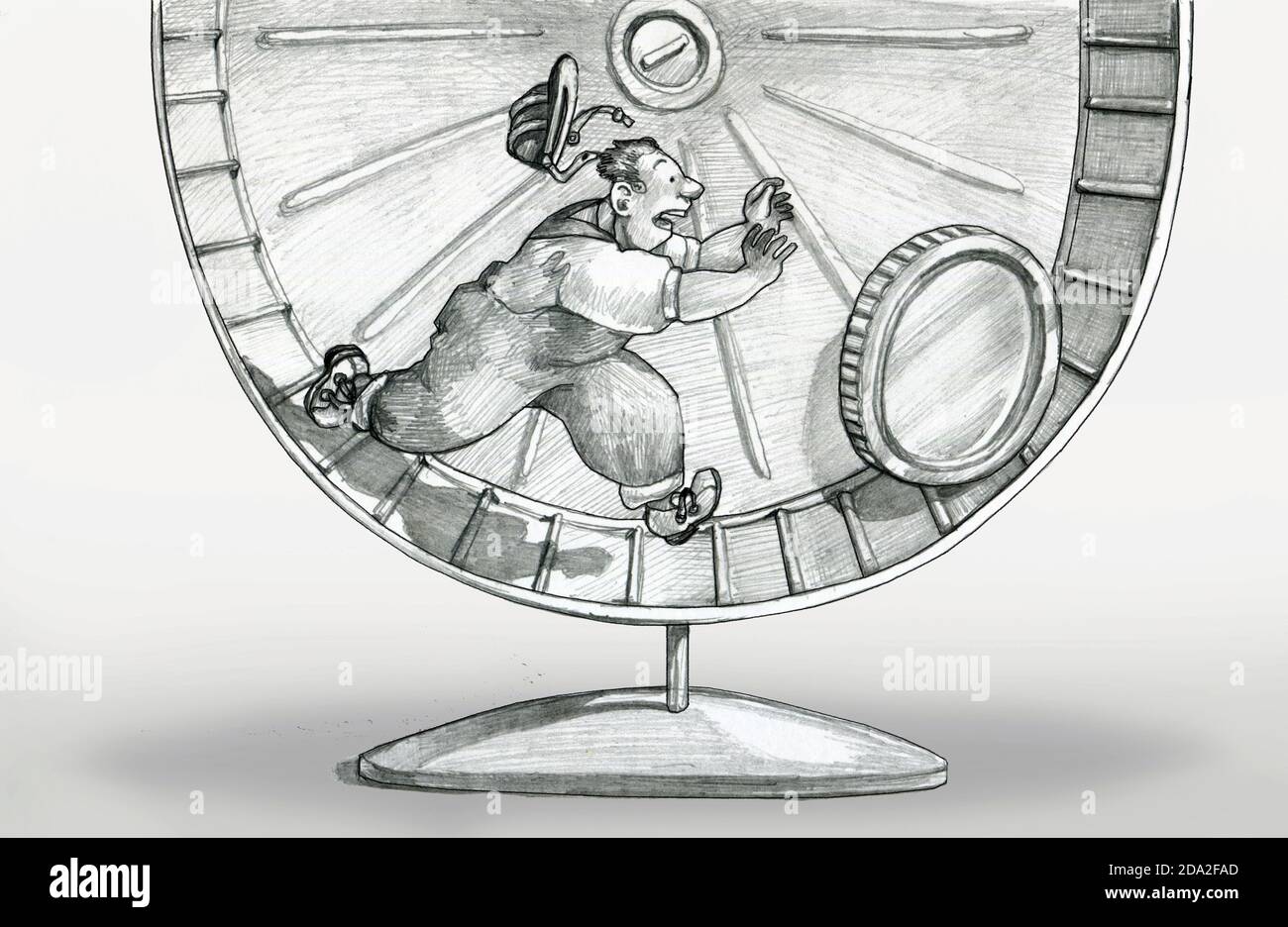 worker inside hamster wheel chasing coin never reachesit because it moves with him political cartoon pencil black and white draw Stock Photo